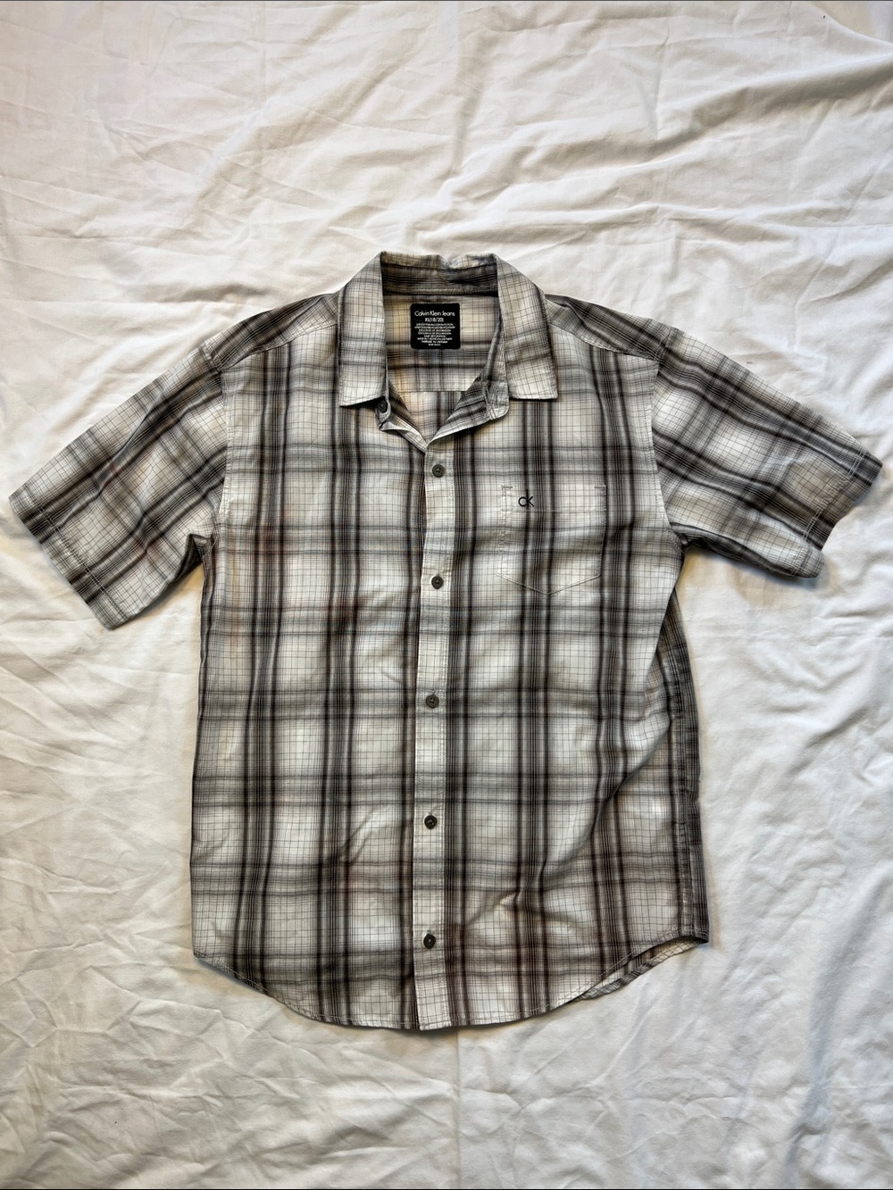 Calvin Klein Youth Short Sleeve Plaid Button-Down Shirt - Gray
